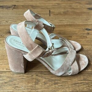 Cole Haan Kadi Block Heel Strappy Sandals Heels Mocha Mousse Suede Size 8